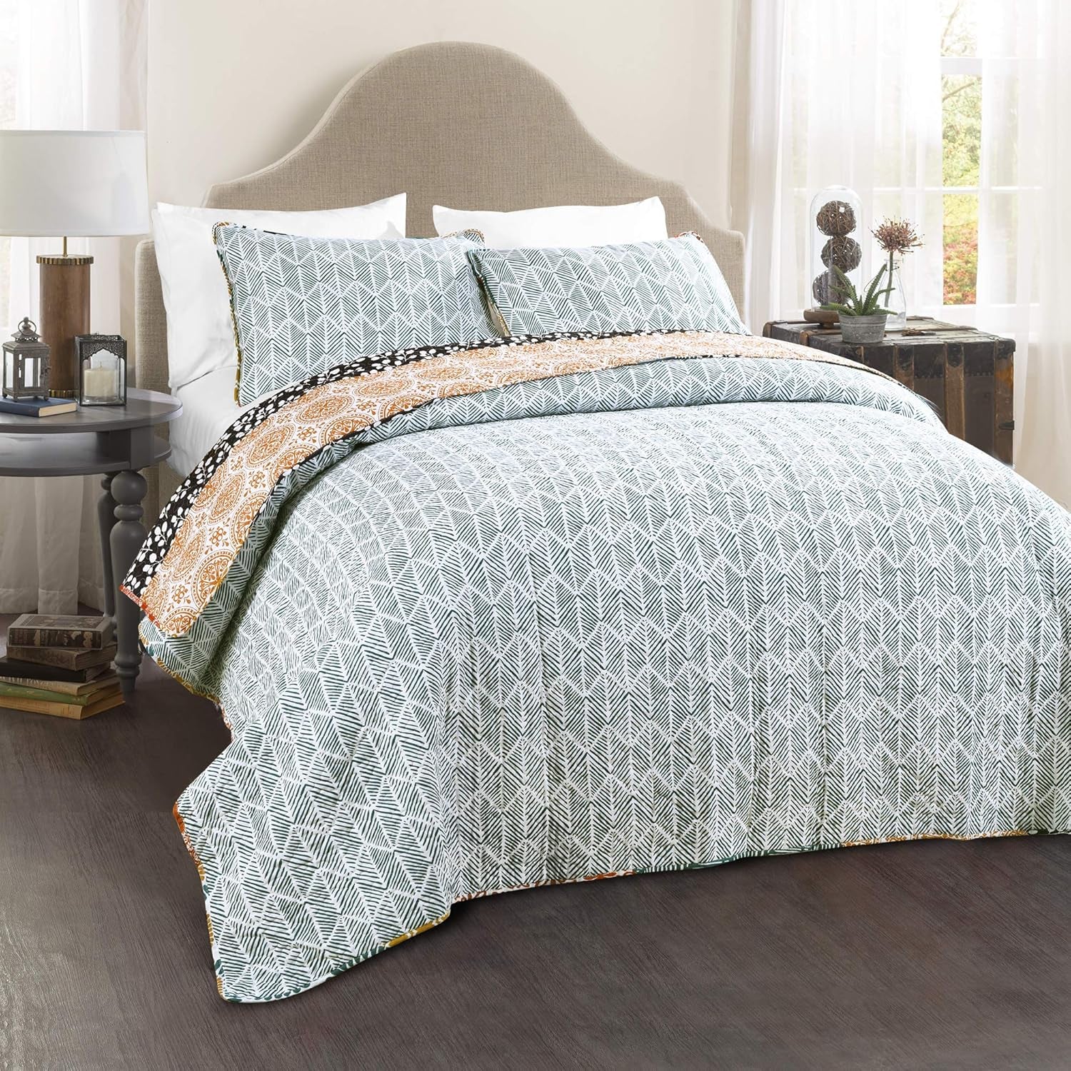 Bohemian Stripe Reversible Cotton Quilt Set – 3 Piece Full/Queen, Turquoise & Orange