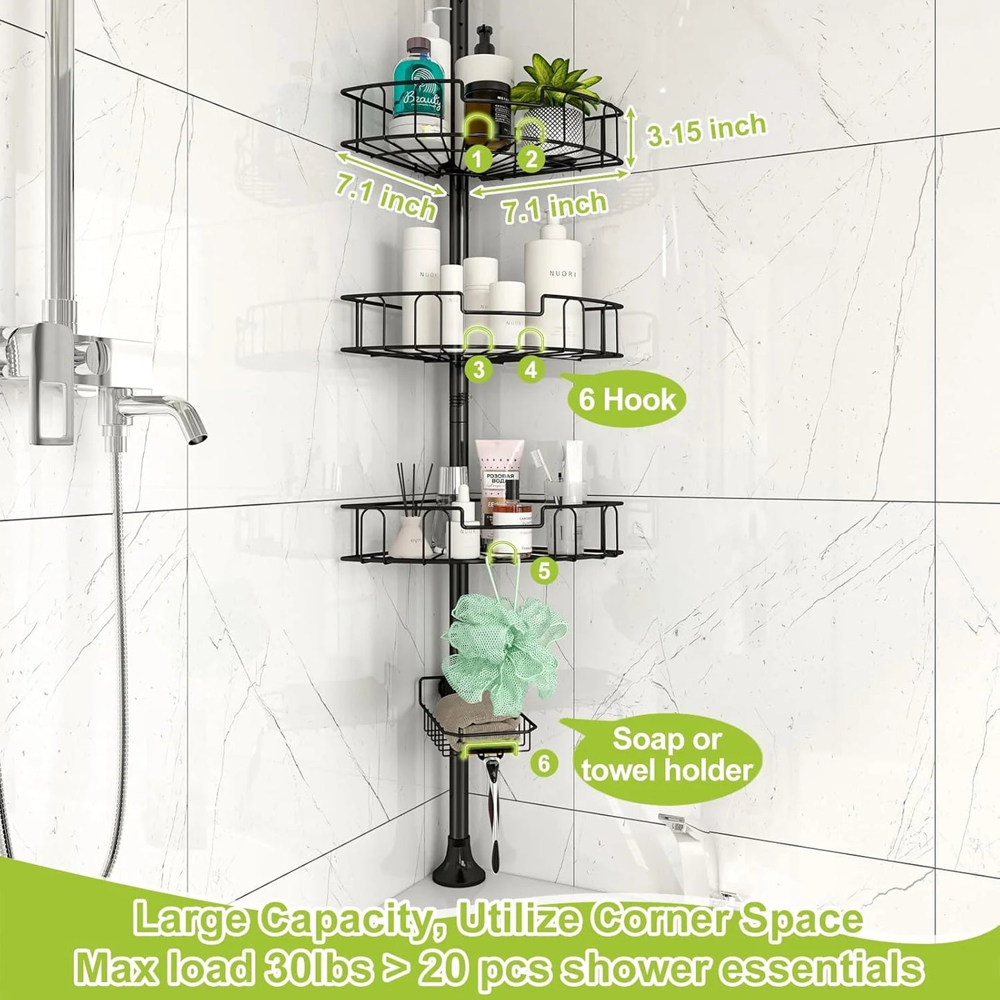 Corner Shower Caddy Tension Pole – Rustproof Stainless Steel Adjustable Floor-to-Ceiling Shower Organizer