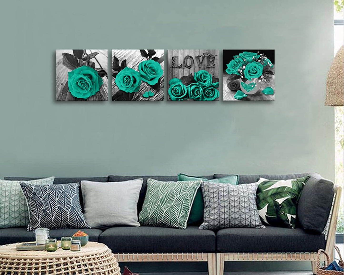 Teal Rose Canvas Wall Art – Black & White Floral Prints for Bedroom, Bathroom & Home Décor