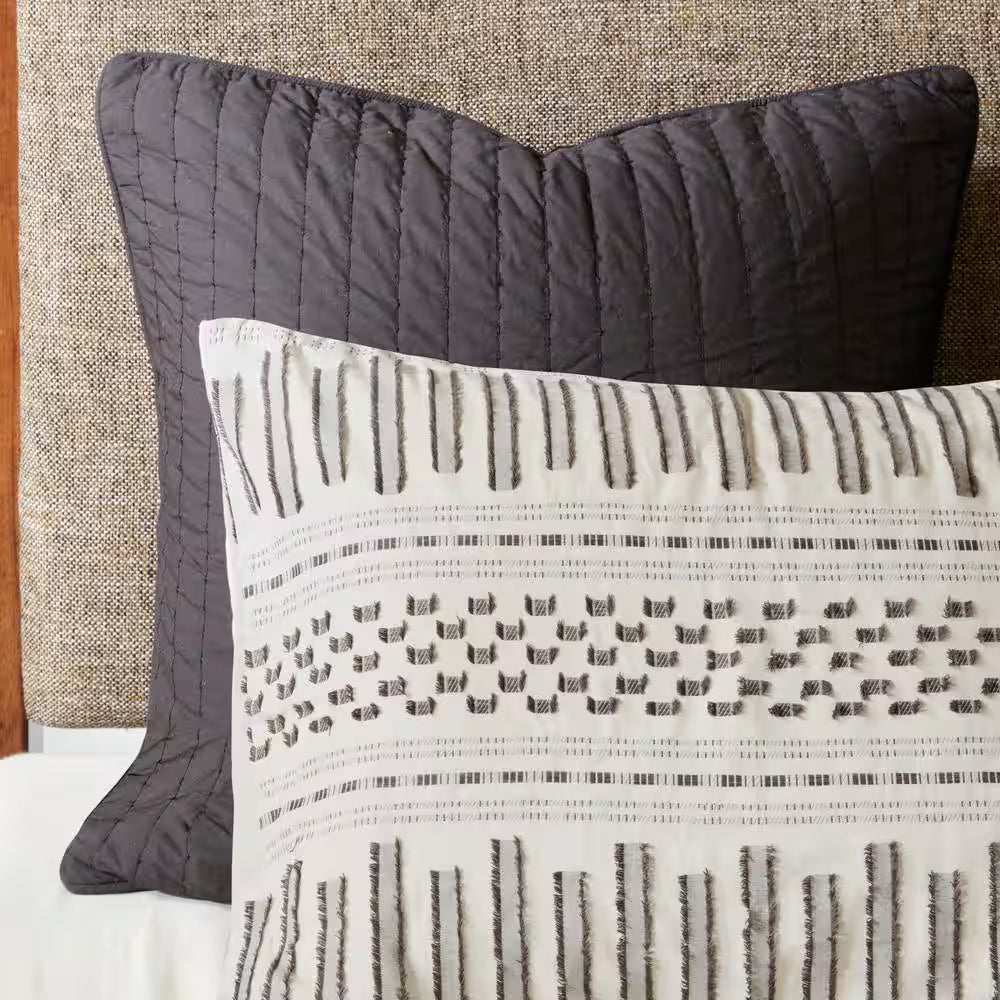 Rhea 3-Piece Ivory & Charcoal Cotton Comforter Set – King/California King
