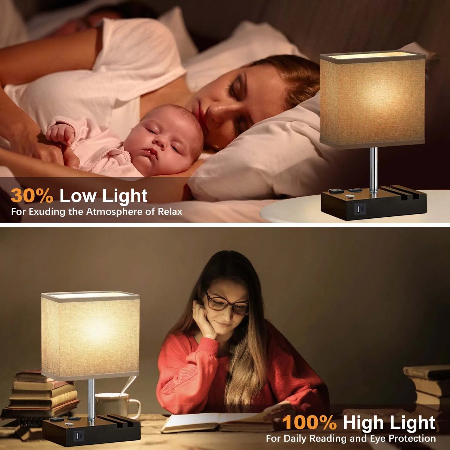 Bedside Table Lamps with Dual Phone Stands – Gray