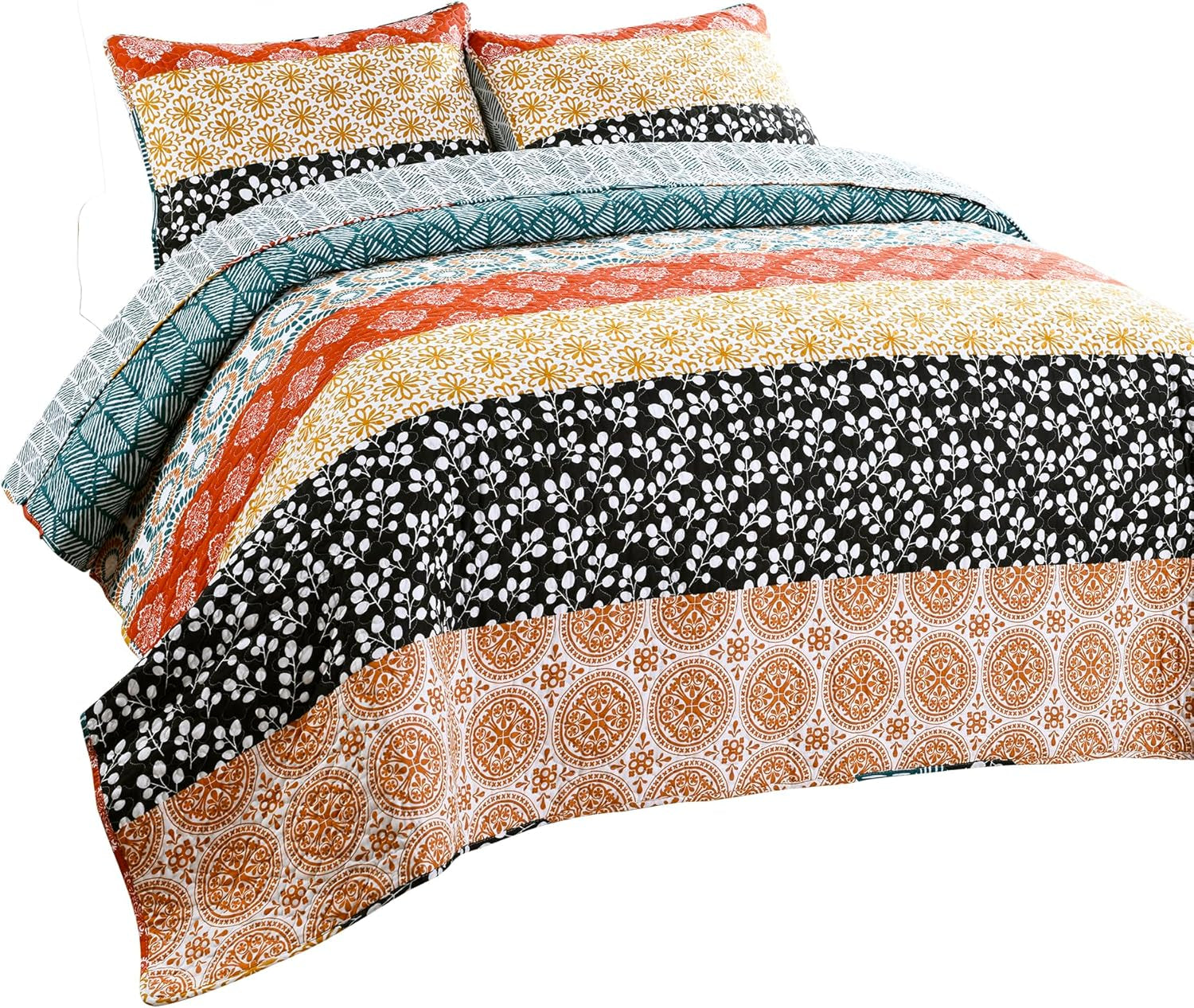 Bohemian Stripe Reversible Cotton Quilt Set – 3 Piece Full/Queen, Turquoise & Orange