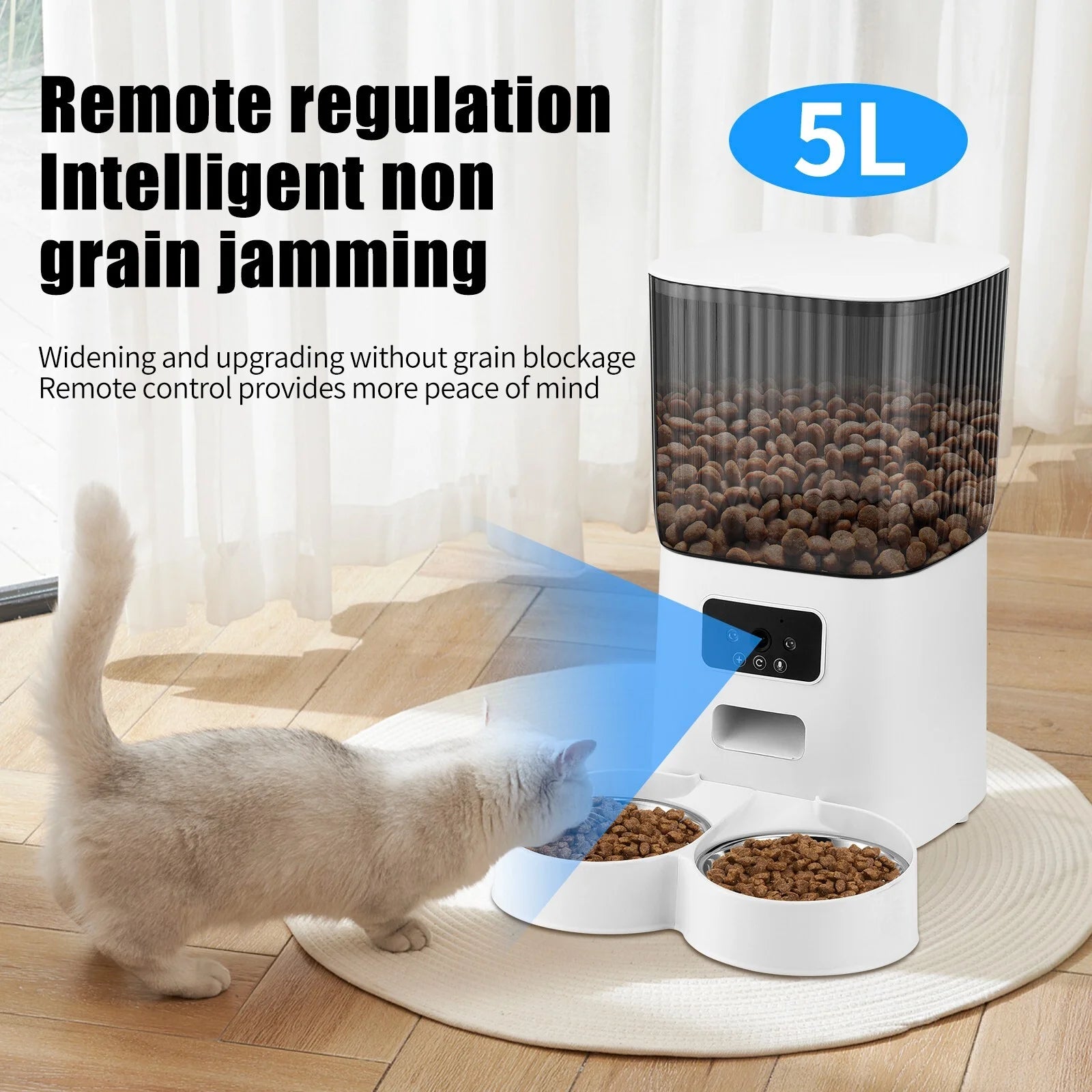 Threes Tree Automatic Cat Feeder with Camera – 5L Dual Pet Feeder with 2 Stainless Steel Bowls & Remote App Control