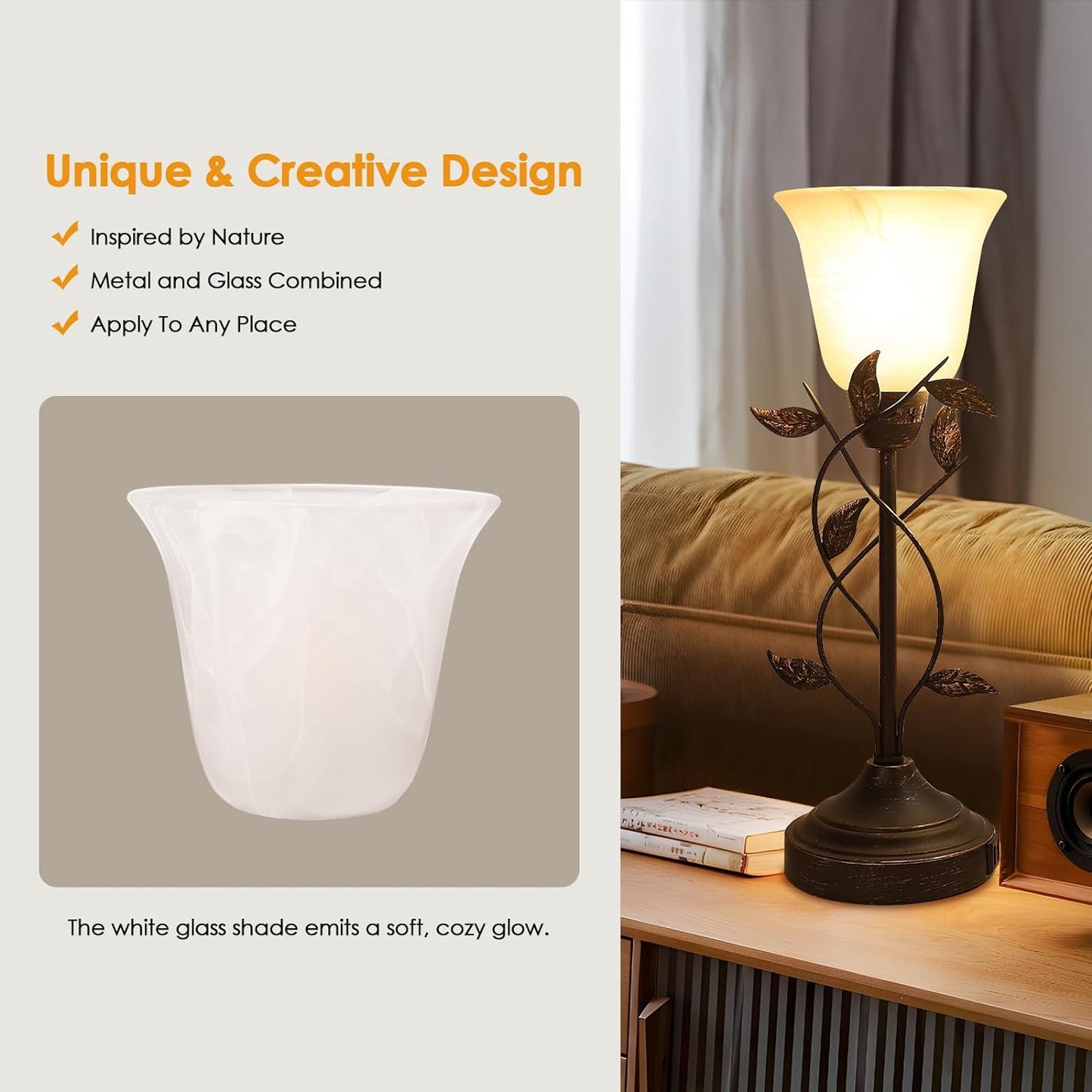 Set of 2 Bedside Table Lamps – 3-Way Dimmable with Touch Control & USB Charging, White Glass Shade, Retro Leaf Design