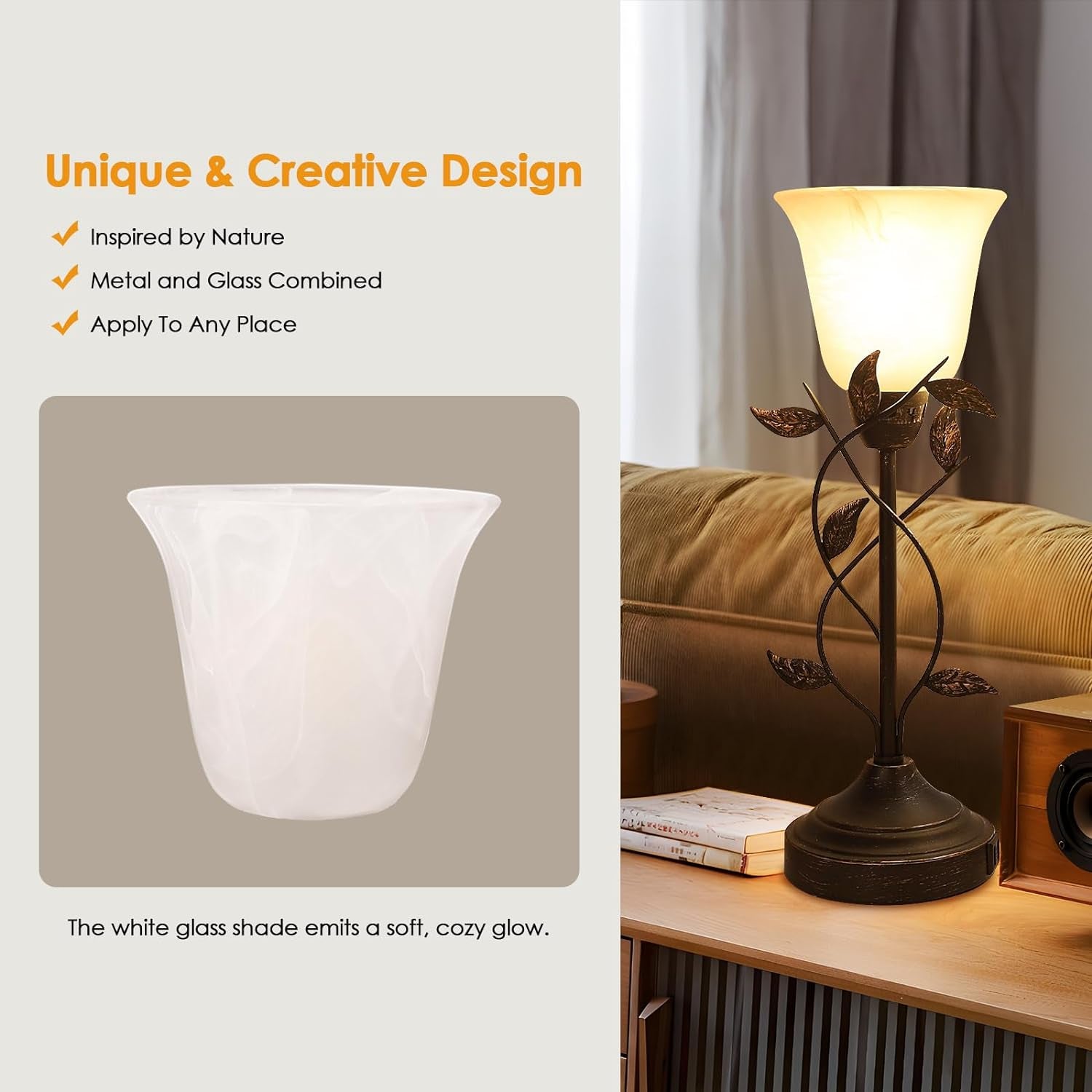 Set of 2 Bedside Table Lamps – 3-Way Dimmable with Touch Control & USB Charging, White Glass Shade, Retro Leaf Design