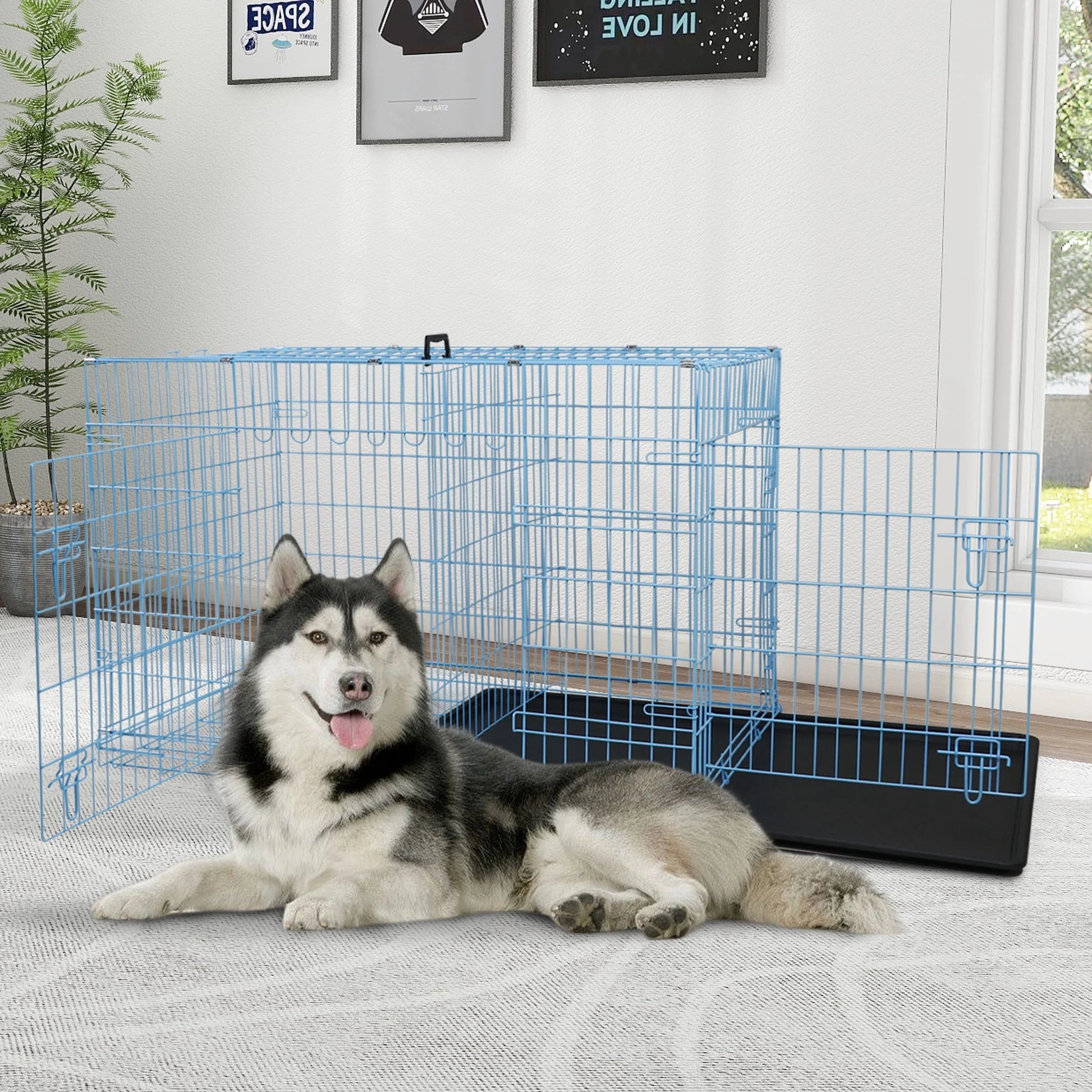 48" Foldable Dog Crate – Double-Door Metal Wire Kennel with Handle & Plastic Tray for Large Dogs, Blue