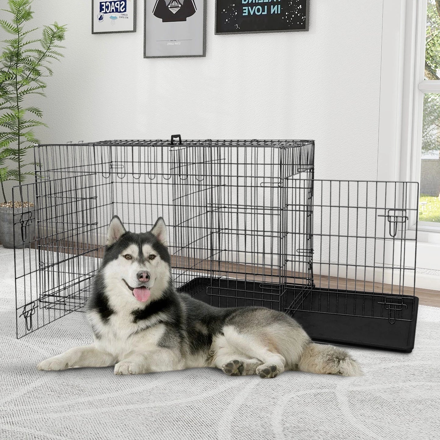 48" Foldable Dog Crate – Double-Door Metal Wire Kennel with Handle & Plastic Tray for Large Dogs, Black