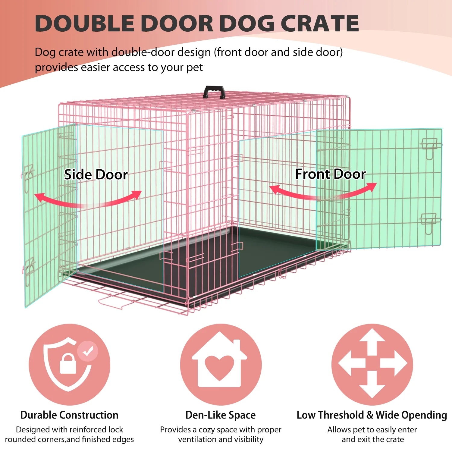 48" Foldable Dog Crate – Double-Door Metal Wire Kennel with Handle & Plastic Tray for Large Dogs, Pink