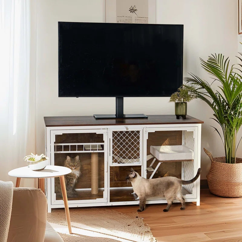 Dietzel Wooden Cat Cage & TV Stand – Multi-Functional Cat House Furniture