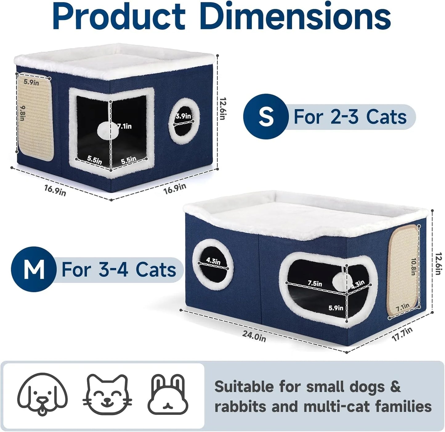 Extra-Large Indoor Cat Bed – Foldable Cat Cave with Scratch Pad & Hanging Ball, Blue