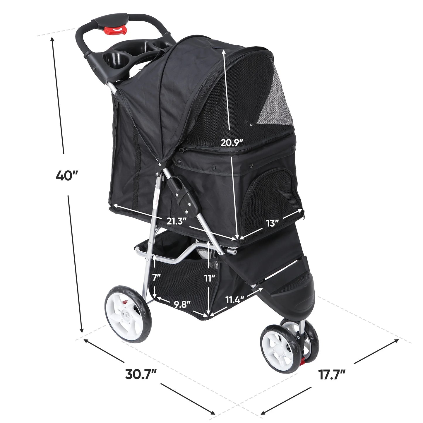 Foldable 3-Wheel Pet Stroller – Dog & Cat Travel Carrier with Storage Basket, Black