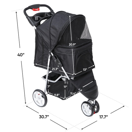Foldable 3-Wheel Pet Stroller – Dog & Cat Travel Carrier with Storage Basket, Black