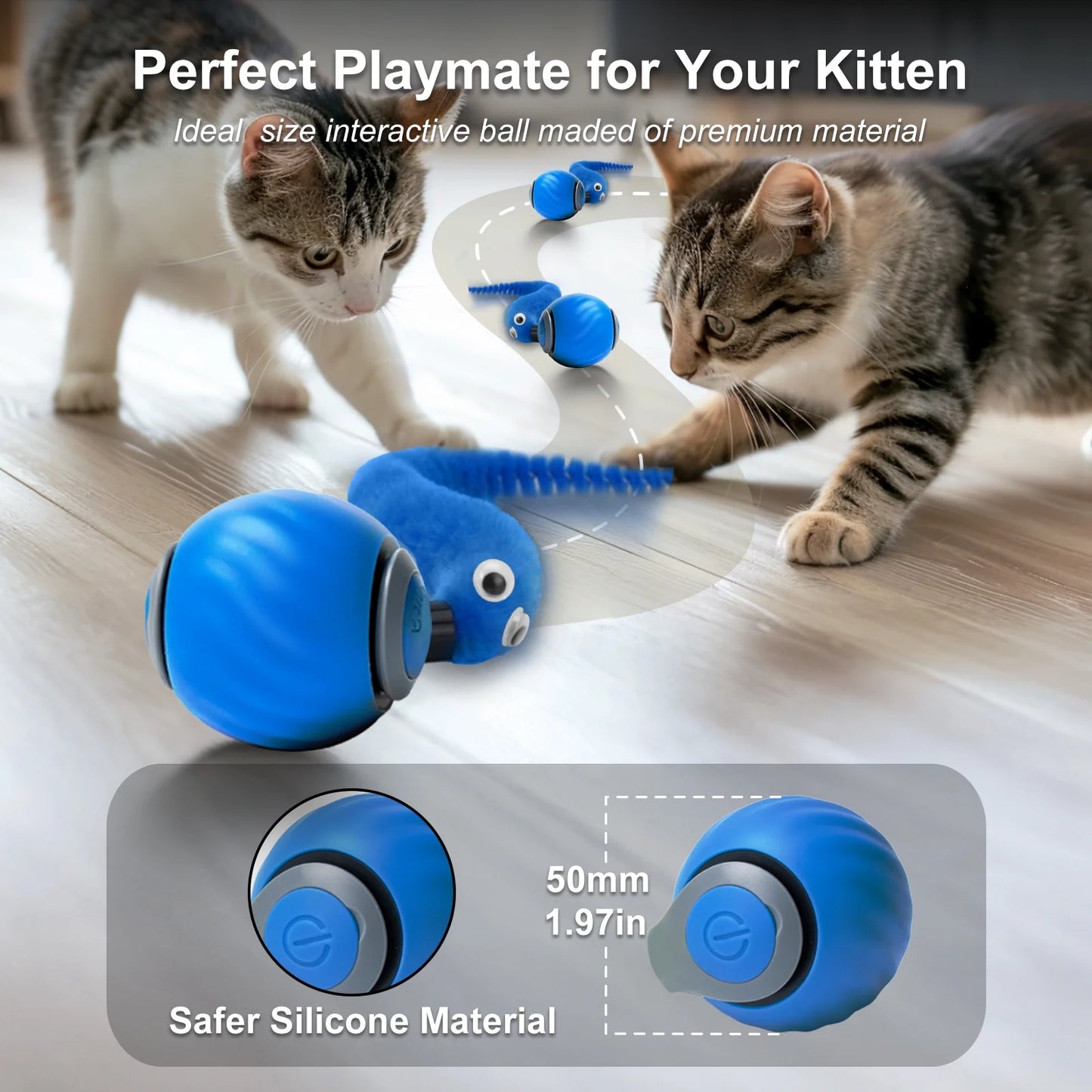 Inadays Smart Interactive Cat Toy Ball – Rechargeable Indoor Cat Toy with Two-Speed Settings, Blue