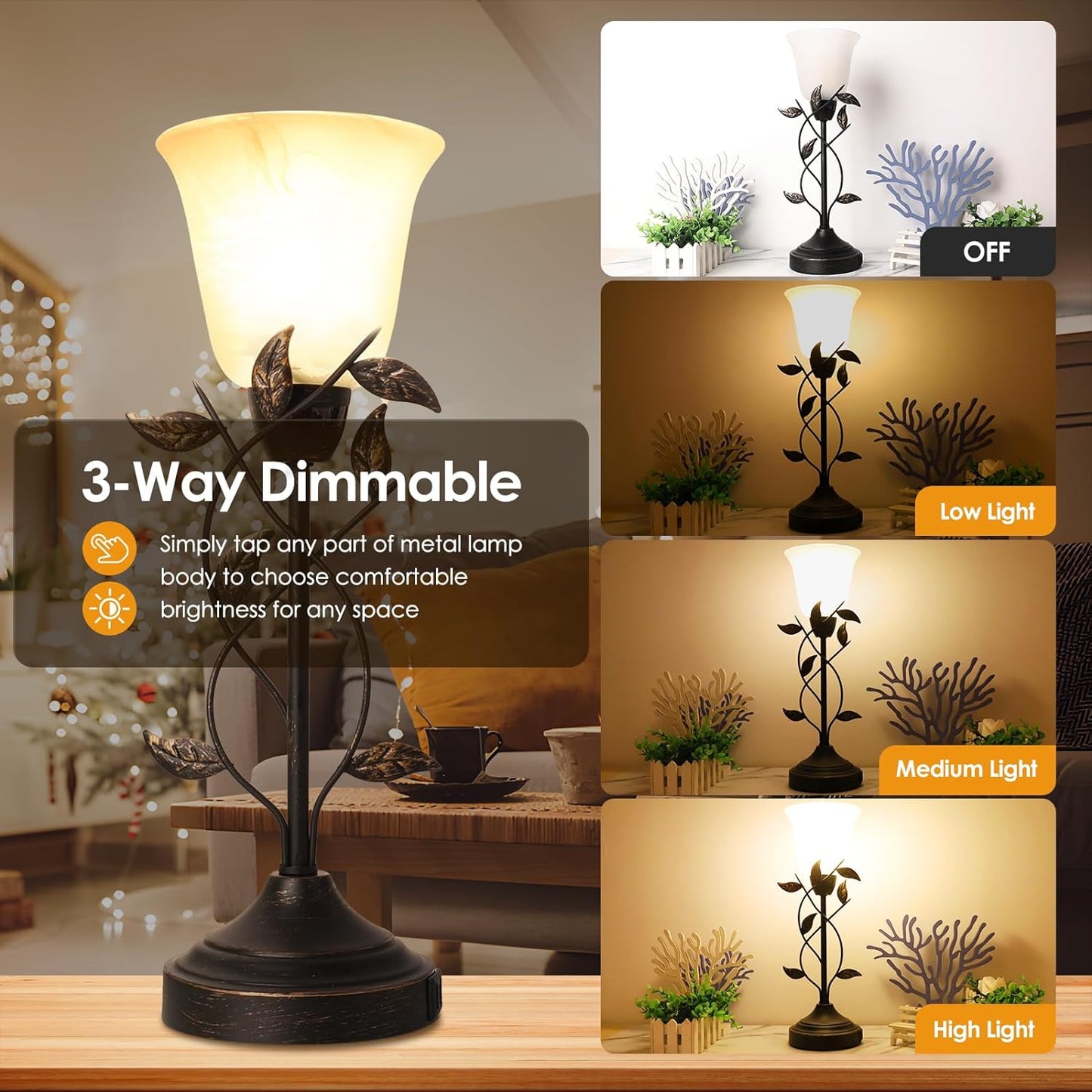 Set of 2 Bedside Table Lamps – 3-Way Dimmable with Touch Control & USB Charging, White Glass Shade, Retro Leaf Design