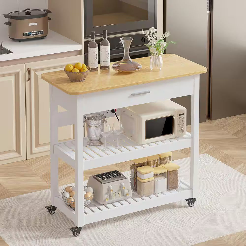 Kitchen Island Cart on Wheels – 40" Rolling Utility Cart with Power Strip & White Wood Shelves