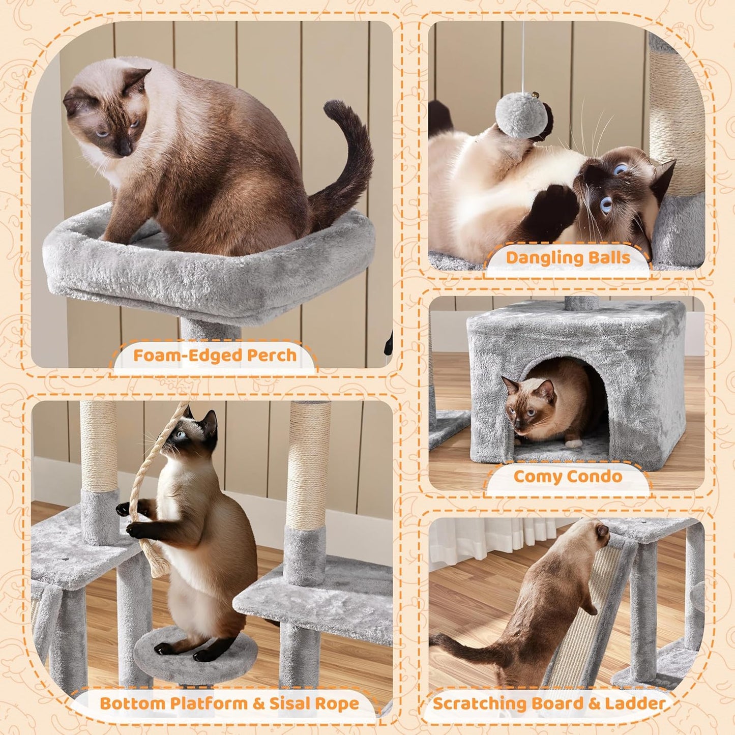 53.5" Cat Tree Playhouse – Indoor Tower with Sisal Scratching Posts, Condo & Perches, Light Gray