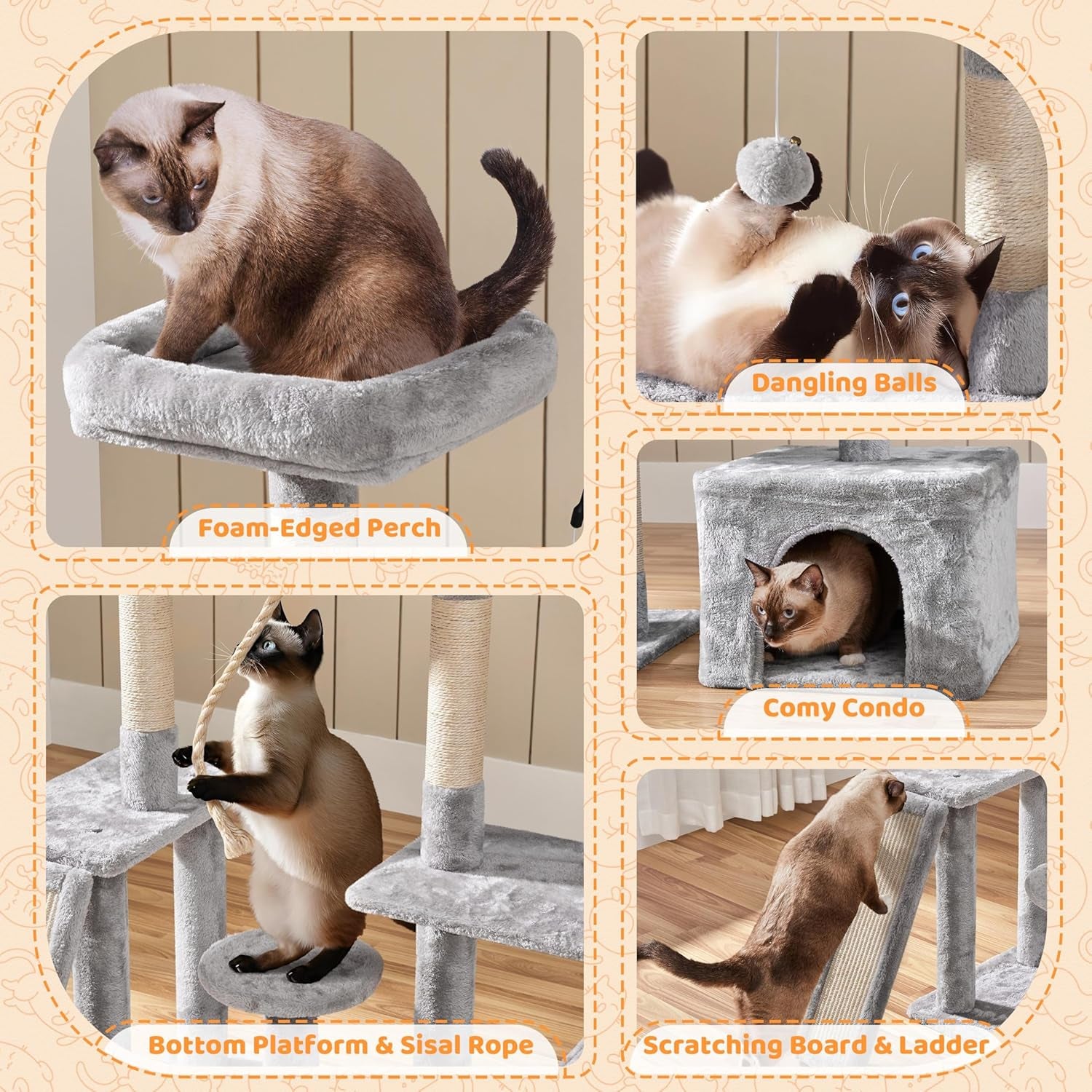 53.5" Cat Tree Playhouse – Indoor Tower with Sisal Scratching Posts, Condo & Perches, Light Gray