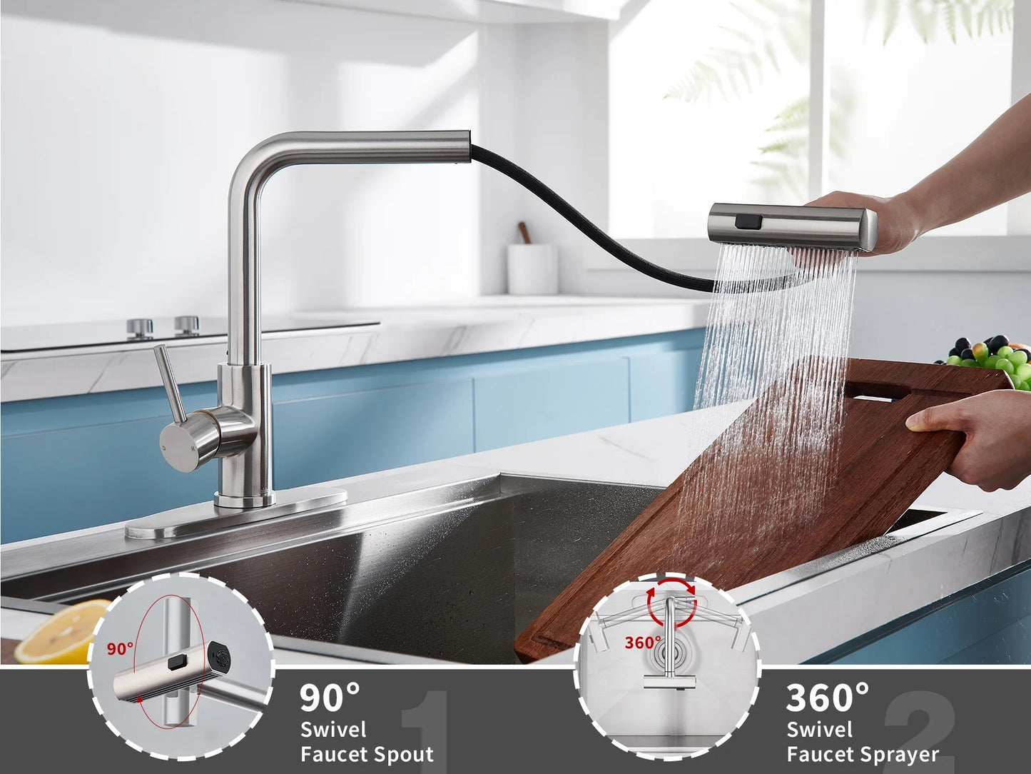 Brushed Nickel Waterfall Kitchen Faucet – Pull-Down Sprayer with 3 Spray Modes & Single Lever Handle
