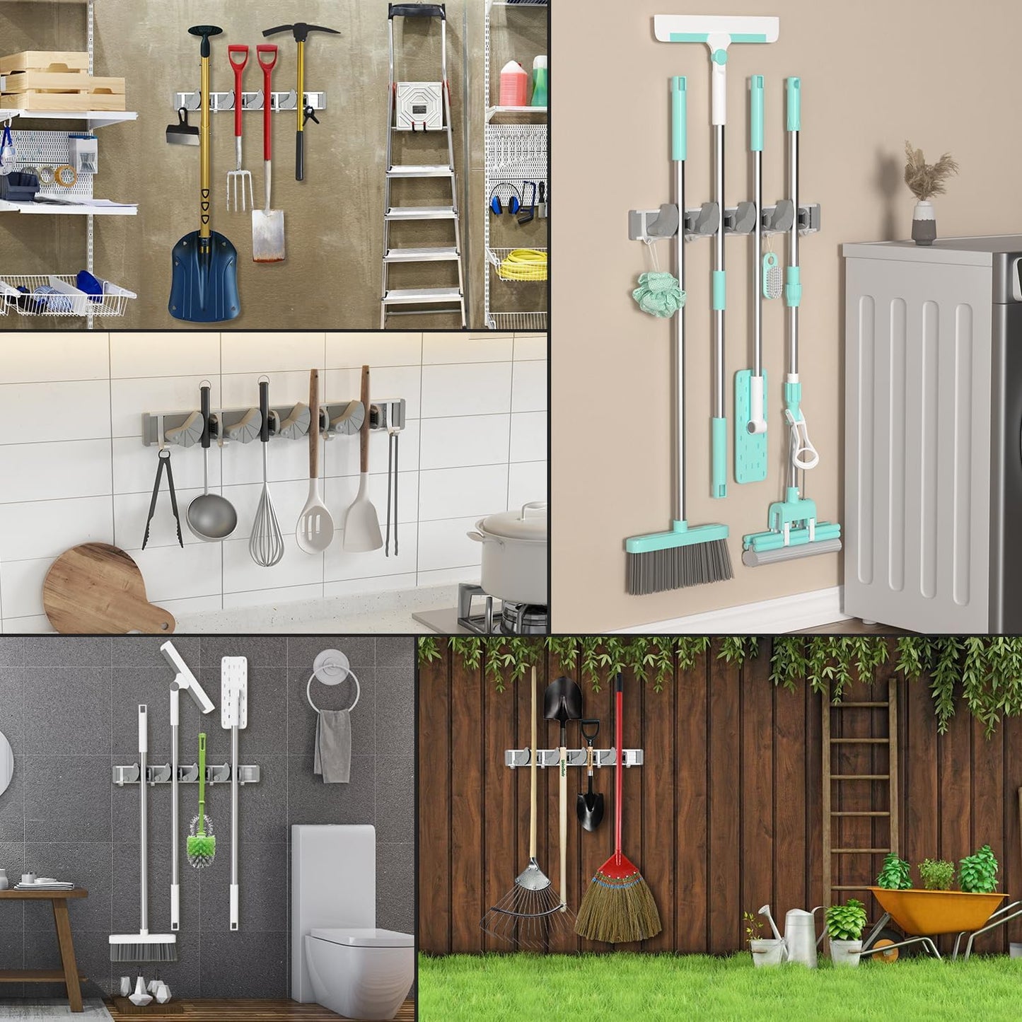 Mop & Broom Holder – Wall-Mount Metal Organizer with 4 Hooks, Silver