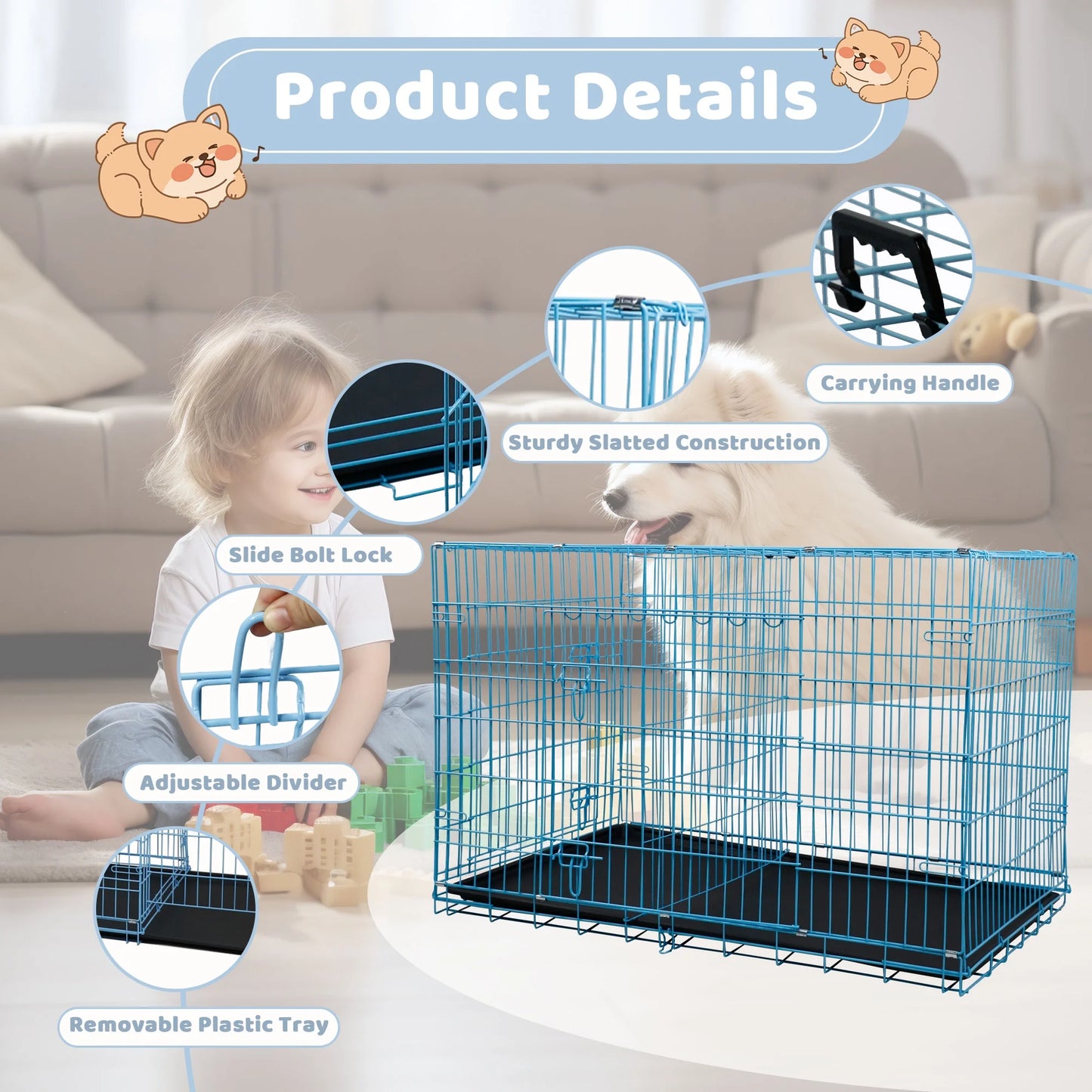 48" Foldable Dog Crate – Double-Door Metal Wire Kennel with Handle & Plastic Tray for Large Dogs, Blue