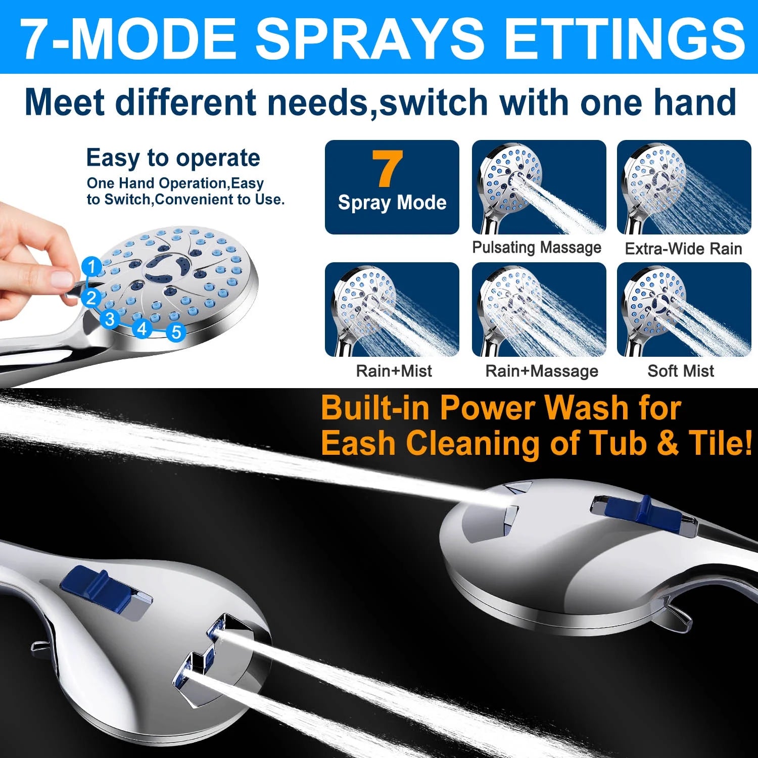 High-Pressure 7-Function Shower Head – Handheld & Adjustable Rain Shower, Stainless Steel Polished Chrome with Durable Nozzles