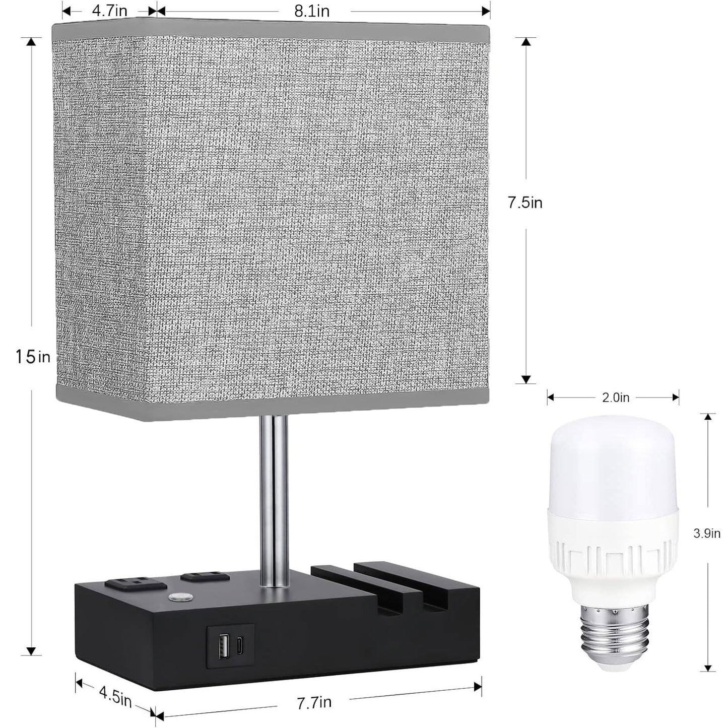 Bedside Table Lamps with Dual Phone Stands – Gray