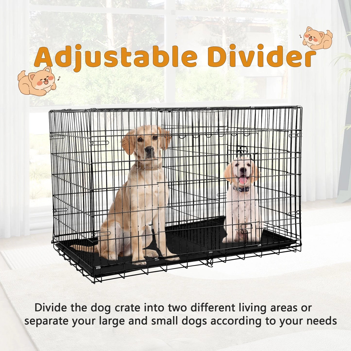48" Foldable Dog Crate – Double-Door Metal Wire Kennel with Handle & Plastic Tray for Large Dogs, Black
