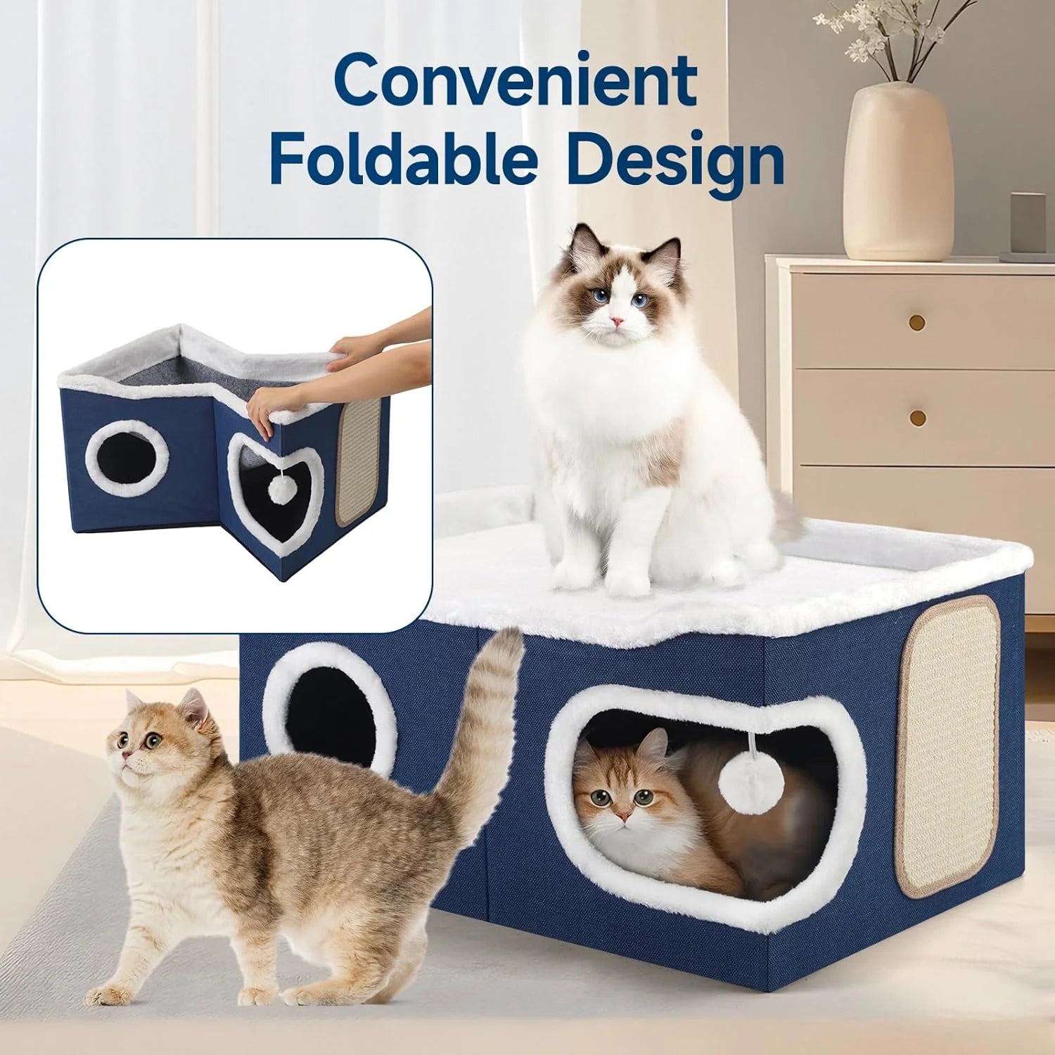 Extra-Large Indoor Cat Bed – Foldable Cat Cave with Scratch Pad & Hanging Ball, Blue