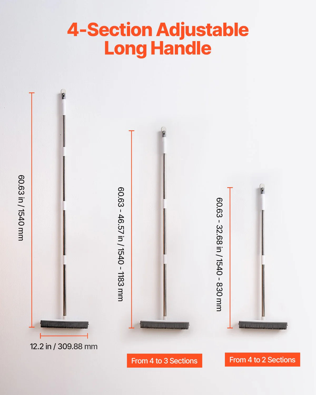 Adjustable Long-Handle Pet Hair Removal Broom – 58.46" Rubber Broom for Dogs & Cats