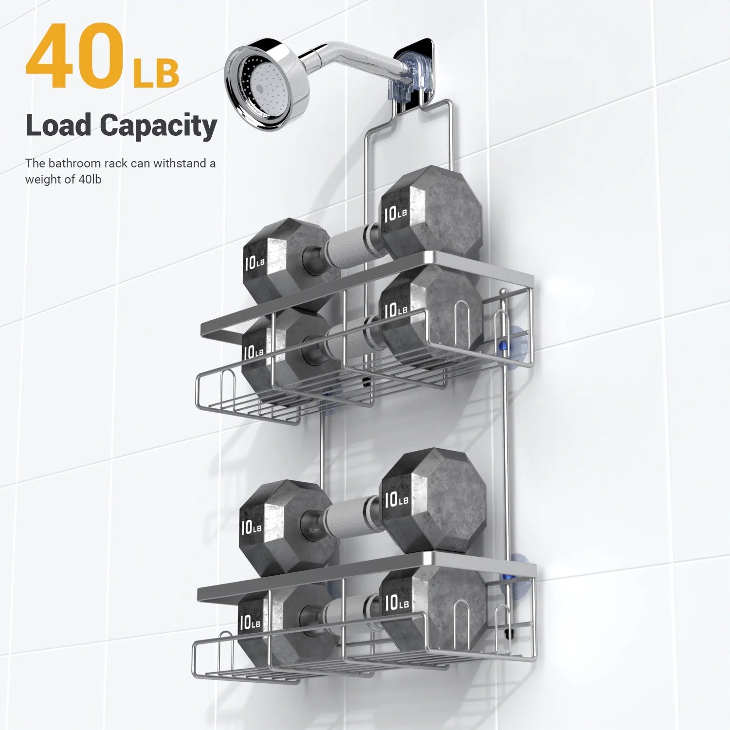 Over-Shower-Head Caddy – Stainless Steel Bathroom Organizer with Soap Holder, Hooks & Toothbrush Holder, Gray