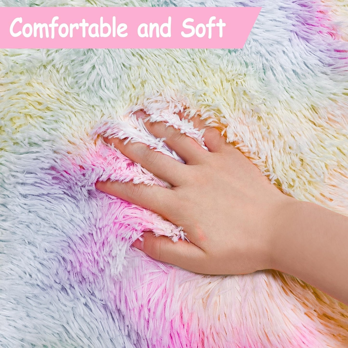 Rainbow Fluffy Plush Area Rug – 5' x 8' Shaggy Rug for Girls’ Bedroom