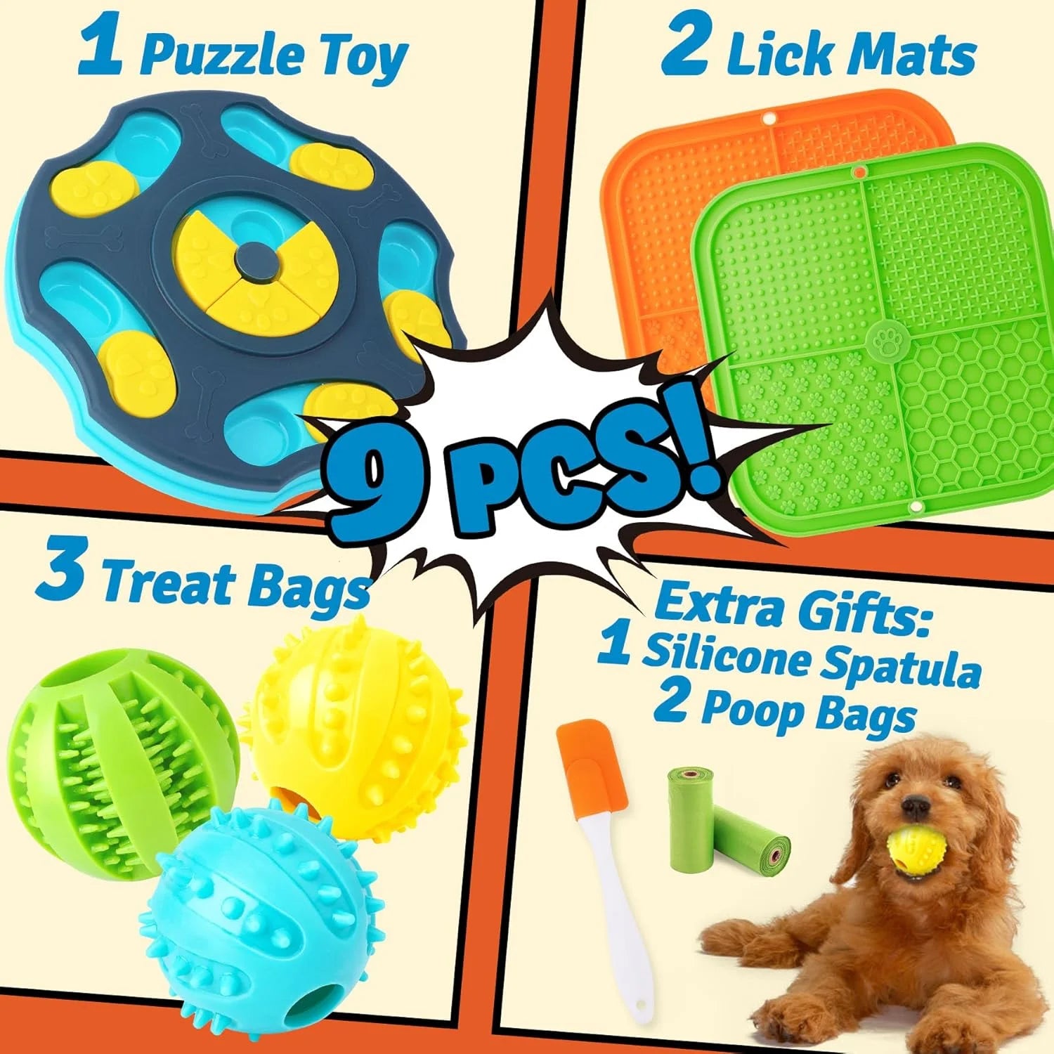9-Piece Dog Puzzle Toy Set – Interactive Enrichment Toys with Lick Mat & Treat Balls