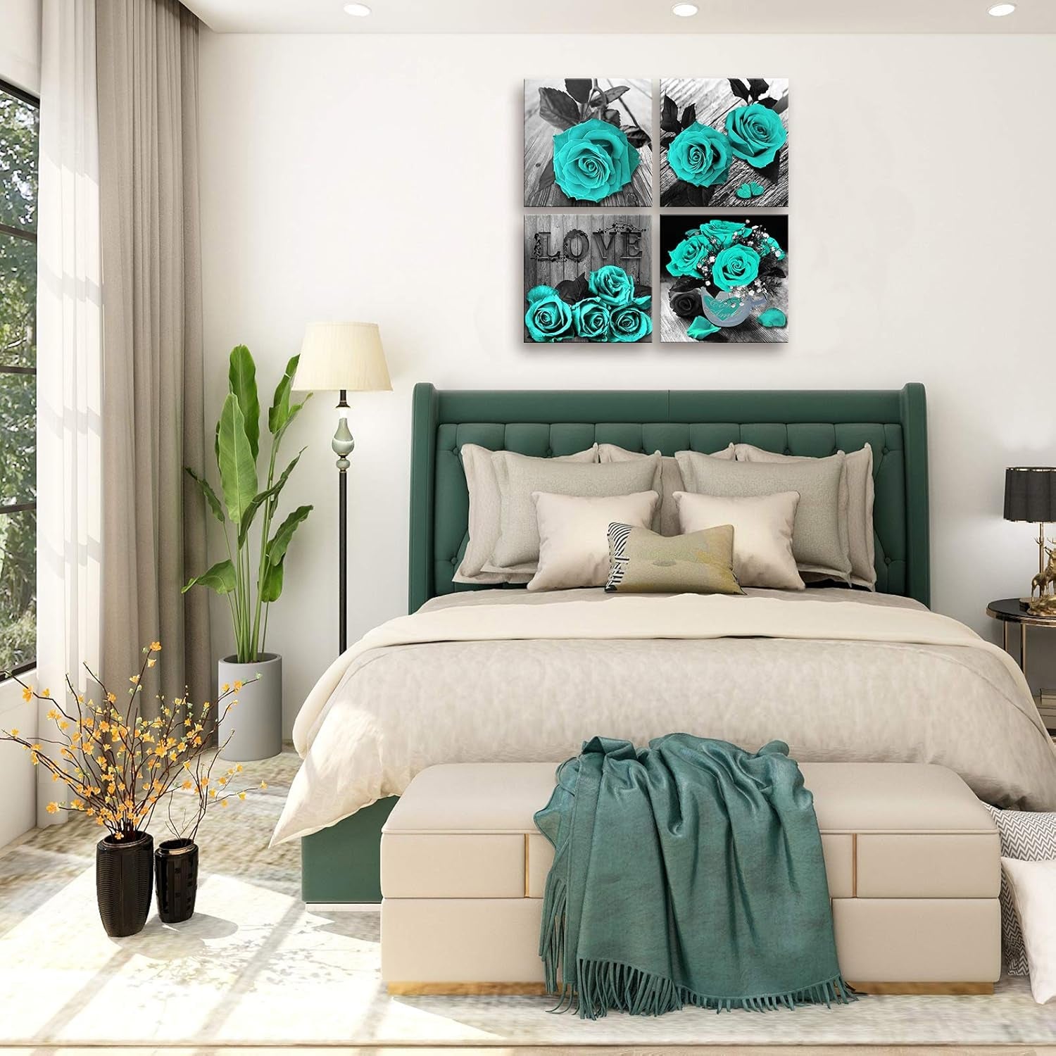 Teal Rose Canvas Wall Art – Black & White Floral Prints for Bedroom, Bathroom & Home Décor