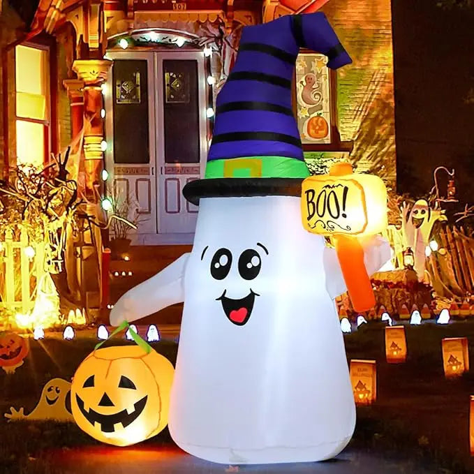 GOOSH 5FT Halloween Inflatable Ghost – Outdoor Blow Up Yard Decoration with Pumpkin, Cute Wizard Design, and Built-In LED Lights