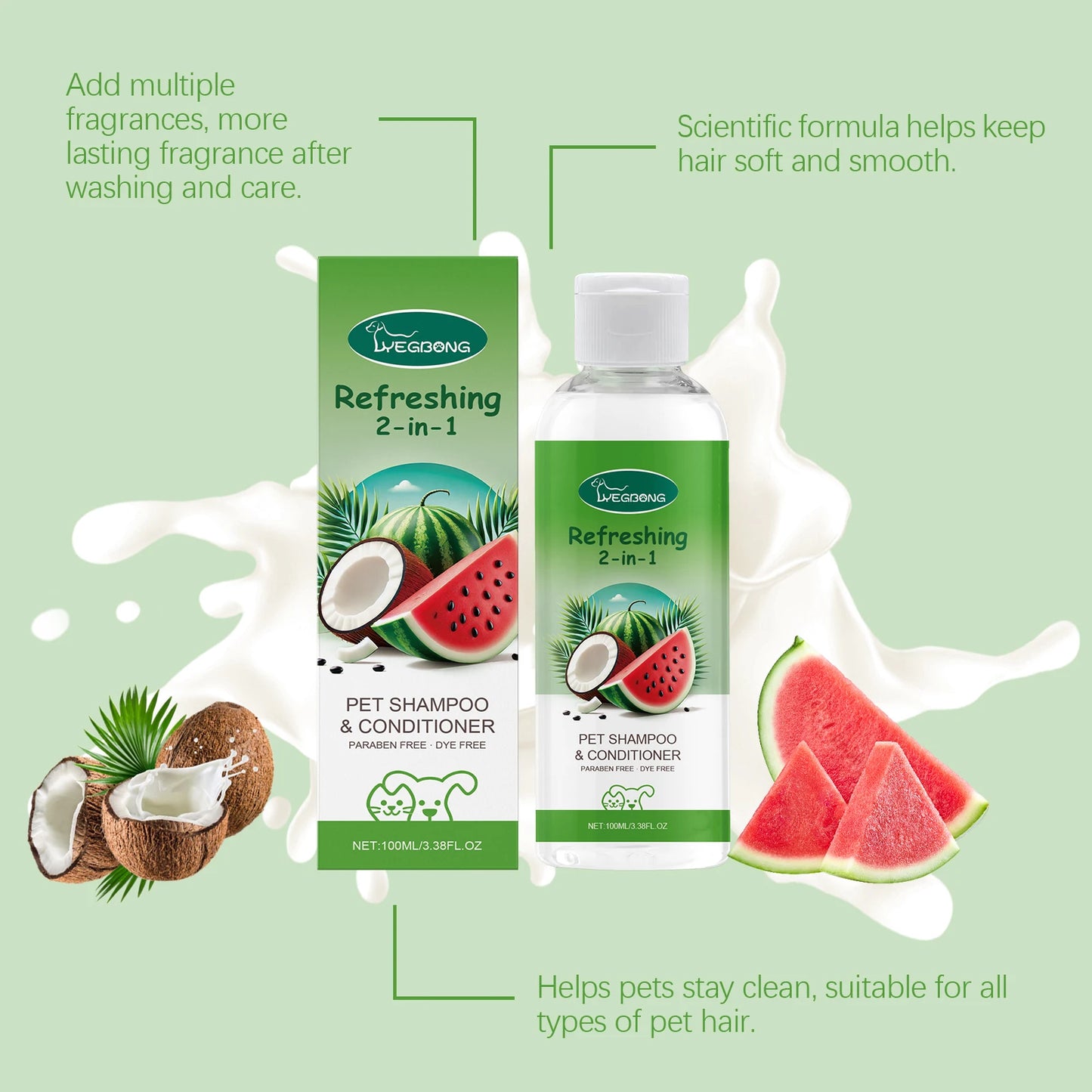Yegbong 2-in-1 Pet Shampoo & Conditioner – Refreshing Watermelon Scent, 100ml | Smooth Fur, Relieve Itching & Clean Skin