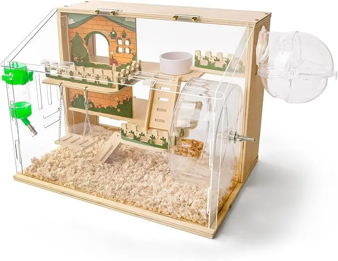 11-in-1 Wooden Hamster Cage with Accessories – 3-Layer 15.8" Acrylic Habitat for Small Pets – Pastoral Style Enclosure with Stairs, Fences, Swing & More