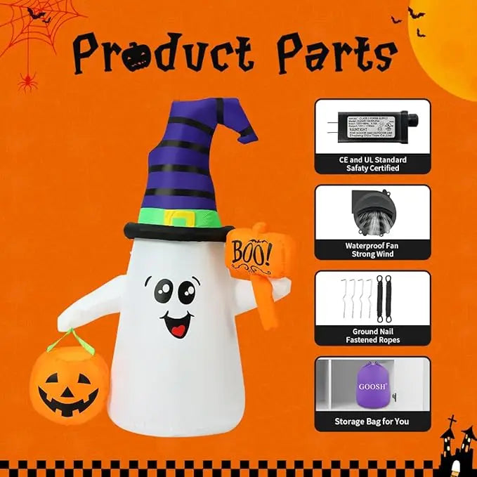 GOOSH 5FT Halloween Inflatable Ghost – Outdoor Blow Up Yard Decoration with Pumpkin, Cute Wizard Design, and Built-In LED Lights