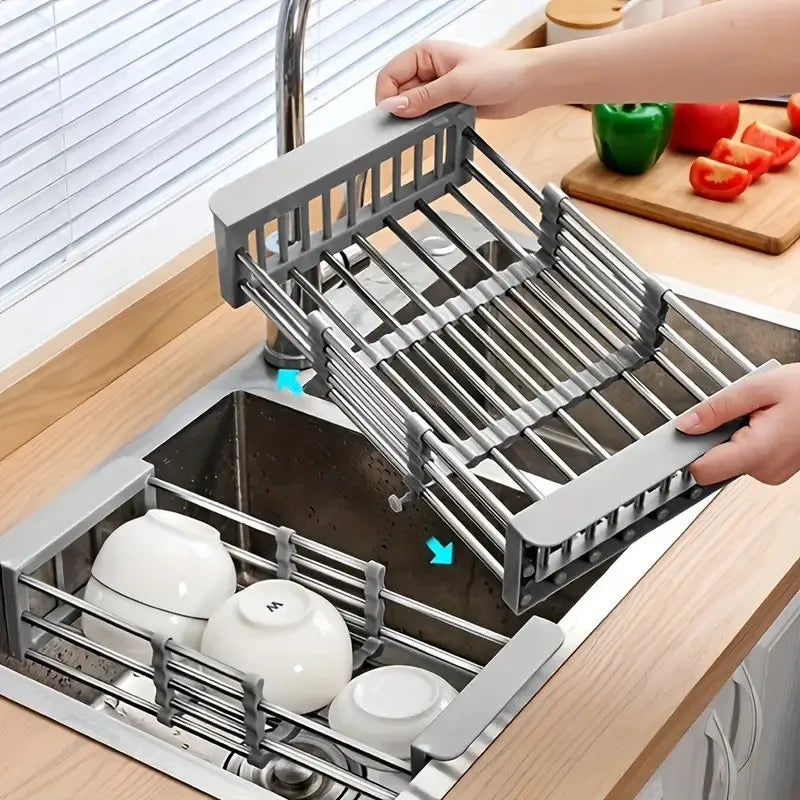Adjustable Over-The-Sink Dish Drying Rack – Stainless Steel Telescopic Drainer Basket, Portable Space-Saving Kitchen Organizer
