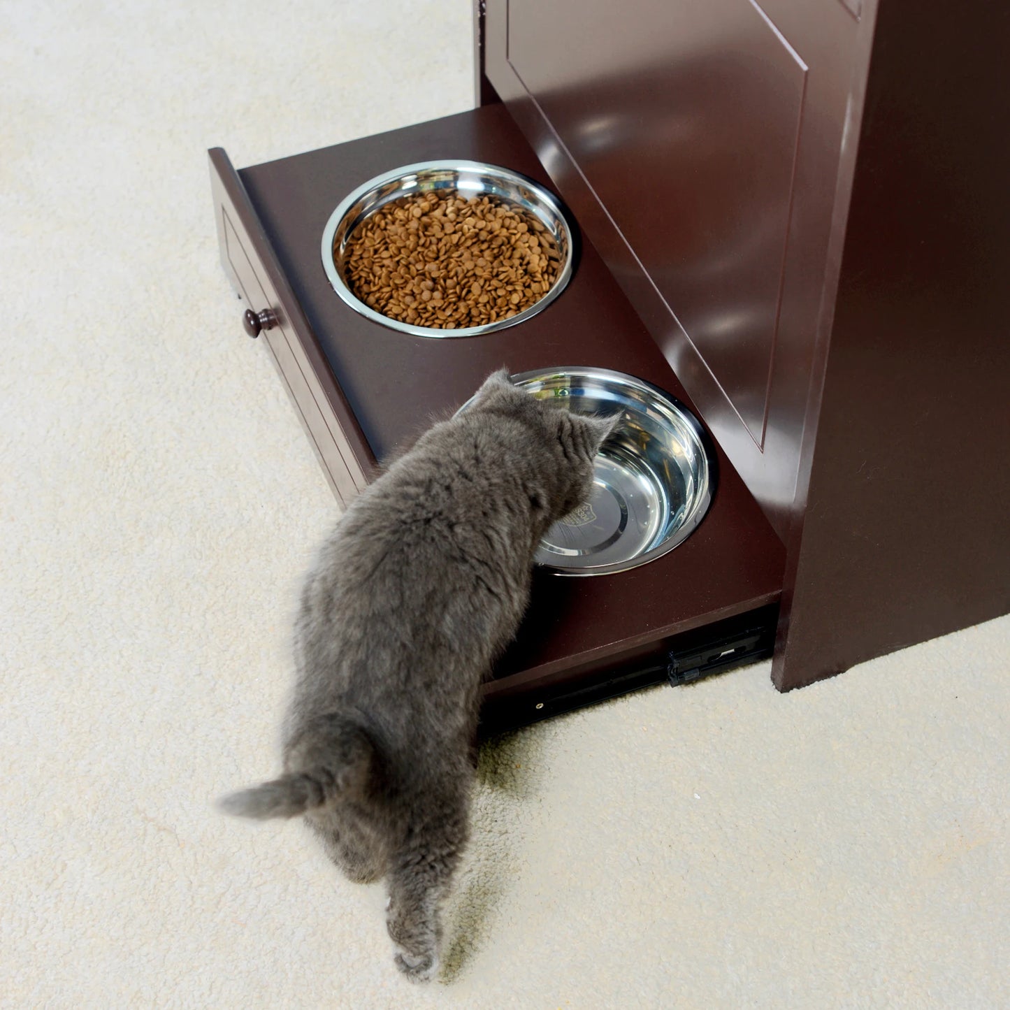 Pet Feeder Station with Storage Cabinet – Waterproof MDF Wood Dog & Cat Feeder with Stainless Steel Bowls
