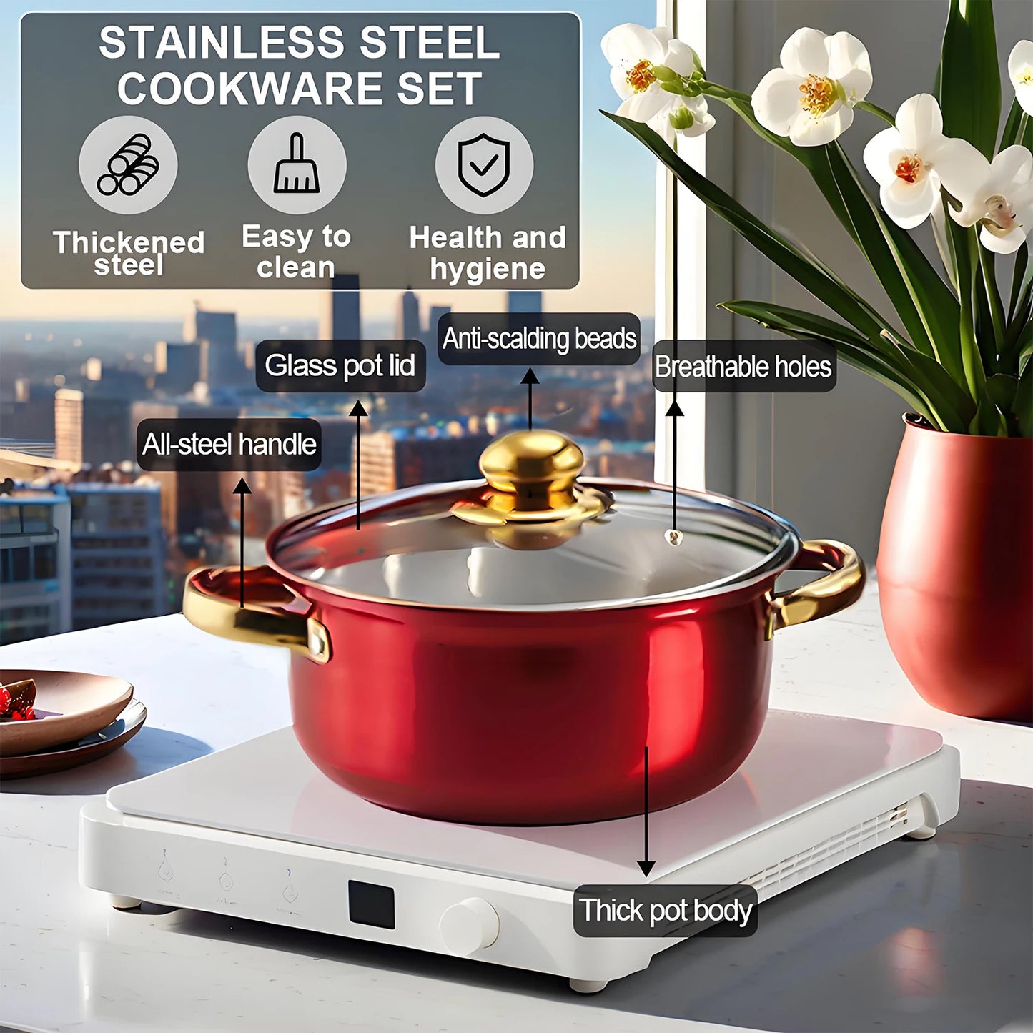 12-Piece Red Stainless Steel Cookware Set – Non-Stick Pots & Pans Collection | Complete Kitchen Cookware Solution