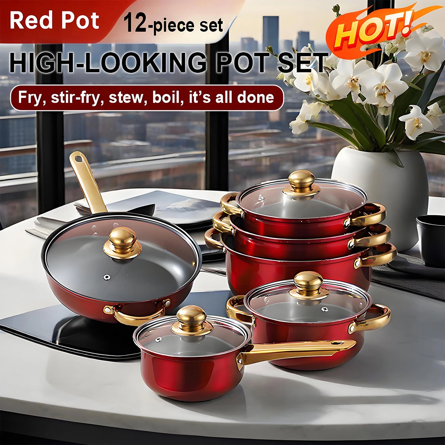 12-Piece Red Stainless Steel Cookware Set – Non-Stick Pots & Pans Collection | Complete Kitchen Cookware Solution