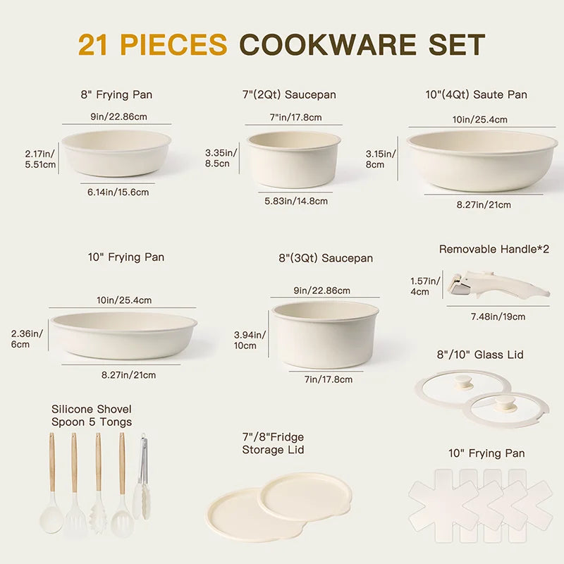 21-Piece Non-Stick Ceramic Cookware Set – Astercook Milky White Pots & Pans with Sensor Handles | Complete Kitchen Cookware Collection