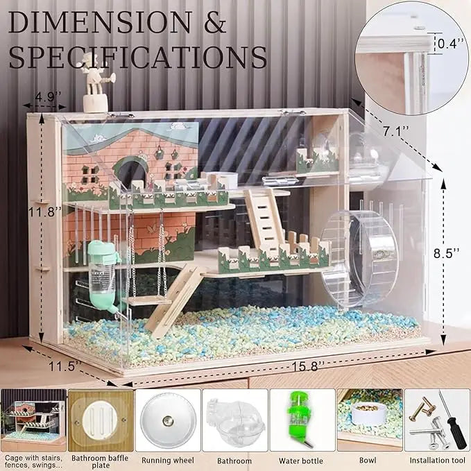 11-in-1 Wooden Hamster Cage with Accessories – 3-Layer 15.8" Acrylic Habitat for Small Pets – Pastoral Style Enclosure with Stairs, Fences, Swing & More