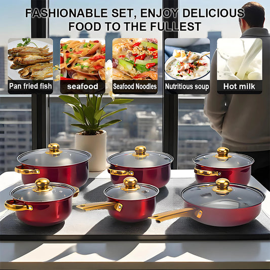 12-Piece Red Stainless Steel Cookware Set – Non-Stick Pots & Pans Collection | Complete Kitchen Cookware Solution