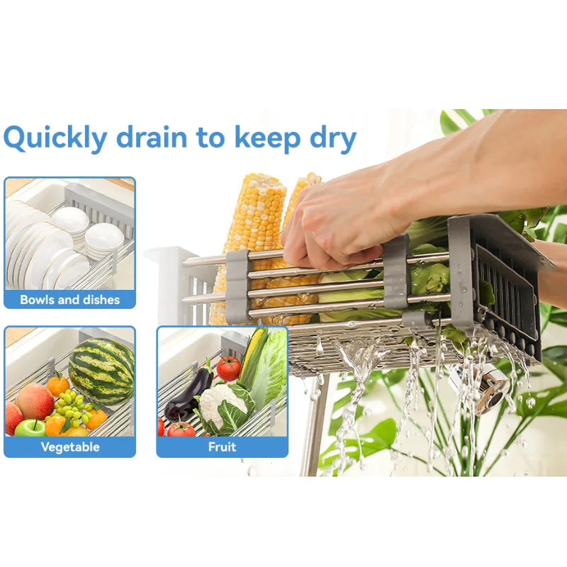 Adjustable Over-The-Sink Dish Drying Rack – Stainless Steel Telescopic Drainer Basket, Portable Space-Saving Kitchen Organizer