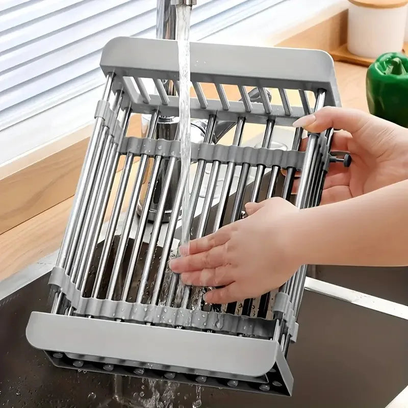 Adjustable Over-The-Sink Dish Drying Rack – Stainless Steel Telescopic Drainer Basket, Portable Space-Saving Kitchen Organizer
