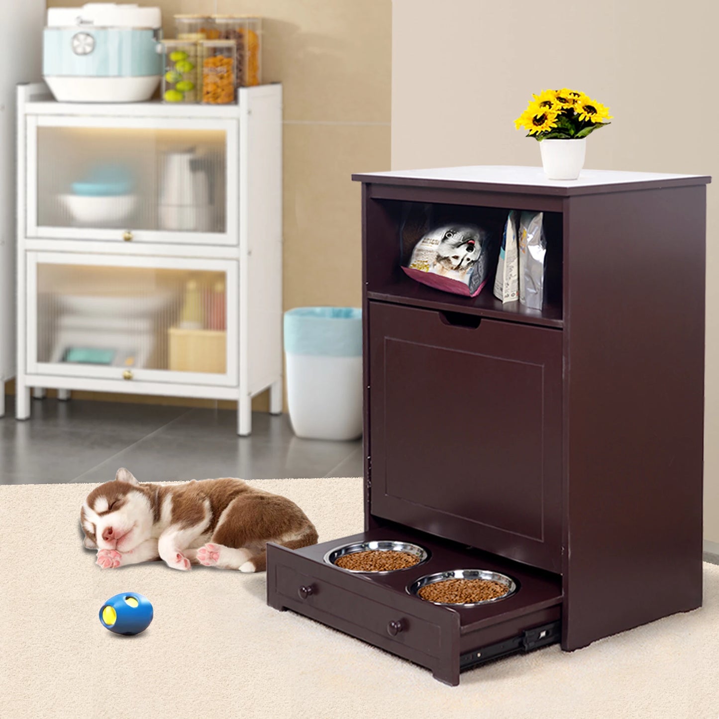 Pet Feeder Station with Storage Cabinet – Waterproof MDF Wood Dog & Cat Feeder with Stainless Steel Bowls