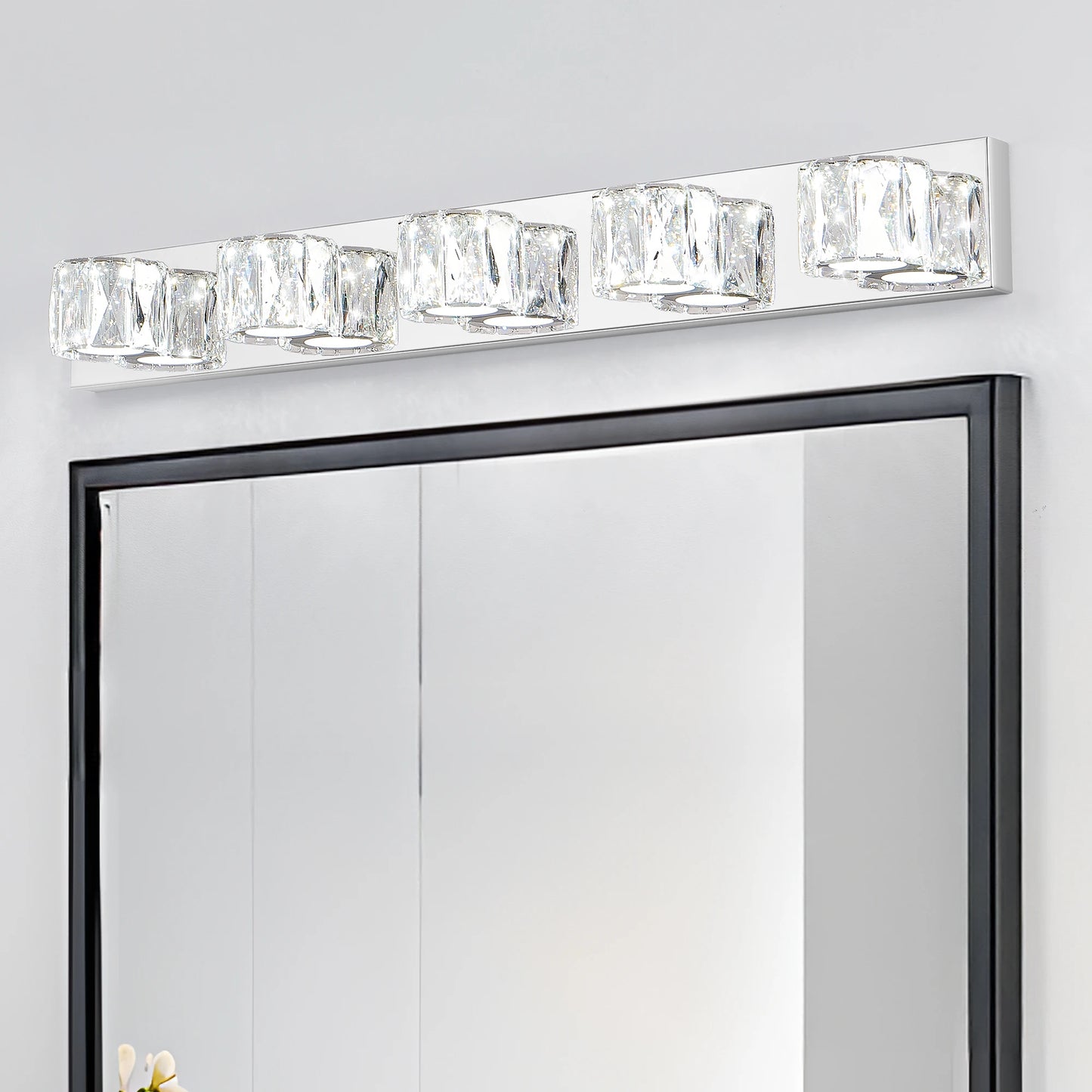 35" Modern Crystal 5-Light LED Wall Sconce – Elegant Chrome Bathroom Vanity Light with Clear Crystal Shades for Bathroom & Bedroom