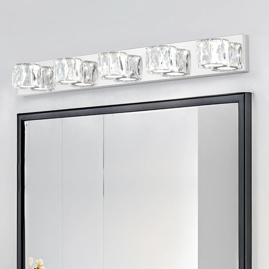 35" Modern Crystal 5-Light LED Wall Sconce – Elegant Chrome Bathroom Vanity Light with Clear Crystal Shades for Bathroom & Bedroom