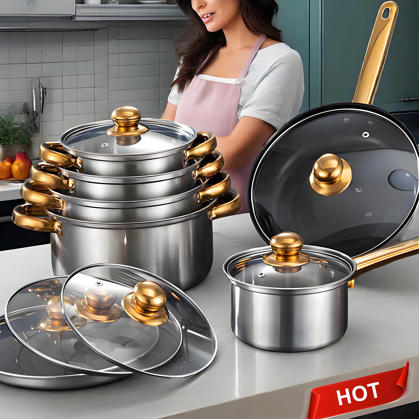 12-Piece Red Stainless Steel Cookware Set – Non-Stick Pots & Pans Collection | Complete Kitchen Cookware Solution